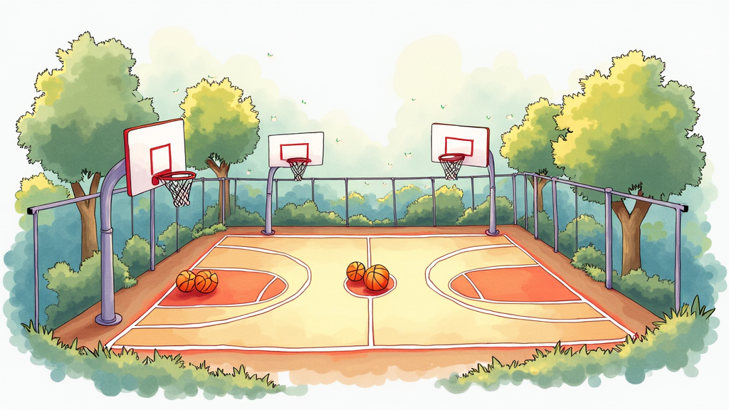 Abstract basketball court, hoops, and basketballs, drawn in a playful, colorful style.